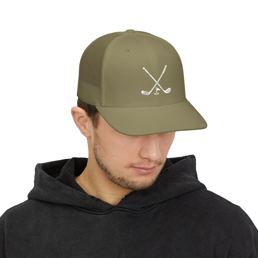 Golf Crossed Clubs Snapback Trucker Cap - White Logo
