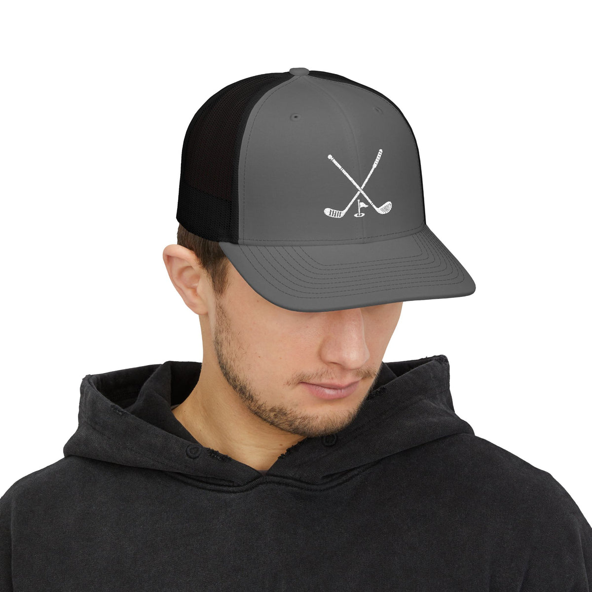 Golf Crossed Clubs Snapback Trucker Cap - White Logo